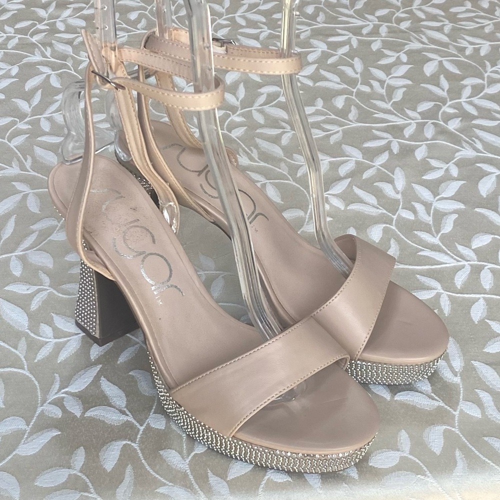 🆕 Sugar Womens Heels 10 Nude Open Toe Ankle Strap Platform Heeled Sandal JANETS